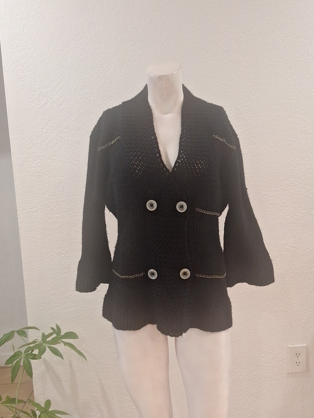 Designer Alberto Makali Black Double-Breasted Knit Blazer with Chain Trim Sz XL